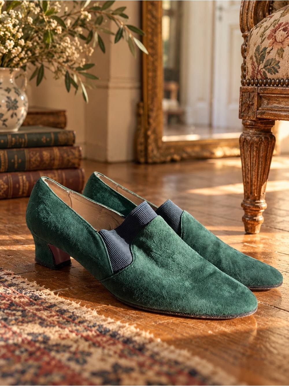 Vintage Sesto Meucci Italy Emerald Green Suede Heels 8N 80s Old Money Loafers
